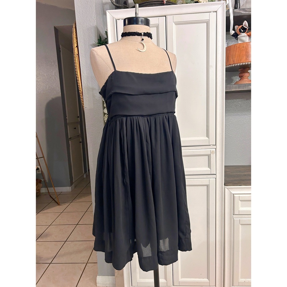 Retro Vintage Black Mini Dress Spaghetti Strap Ruffle Babydoll LBD LARGE